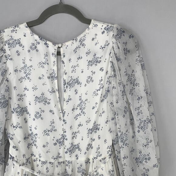Abercrombie & Fitch Women Dress S White Blue Floral Sheer Balloon Sleeve Chiffon - Picture 9 of 11